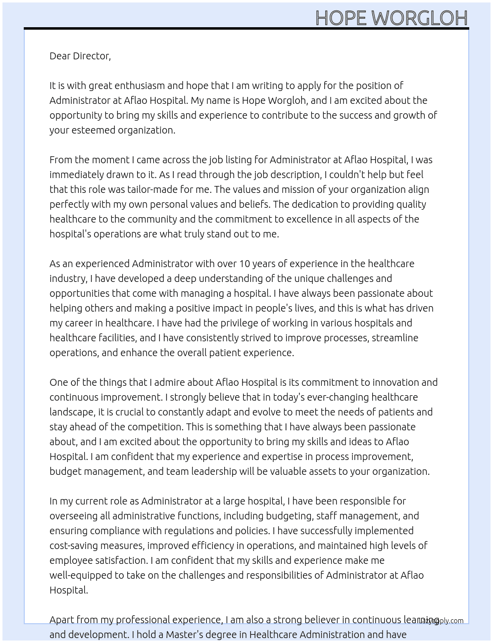 Administrator At Aflao hospital Cover Letter