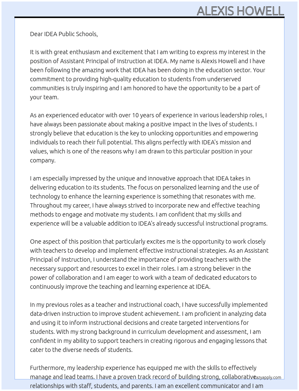 Assistant Principal Of Instruction  At IDEA  Cover Letter