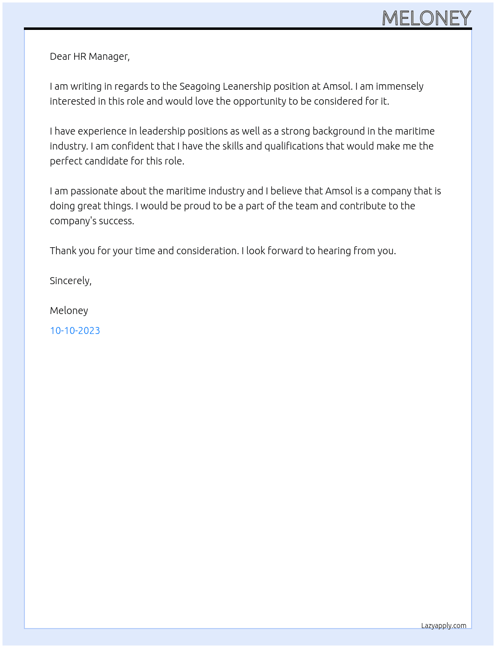 Seagoing Leanership  At Amsol Cover Letter