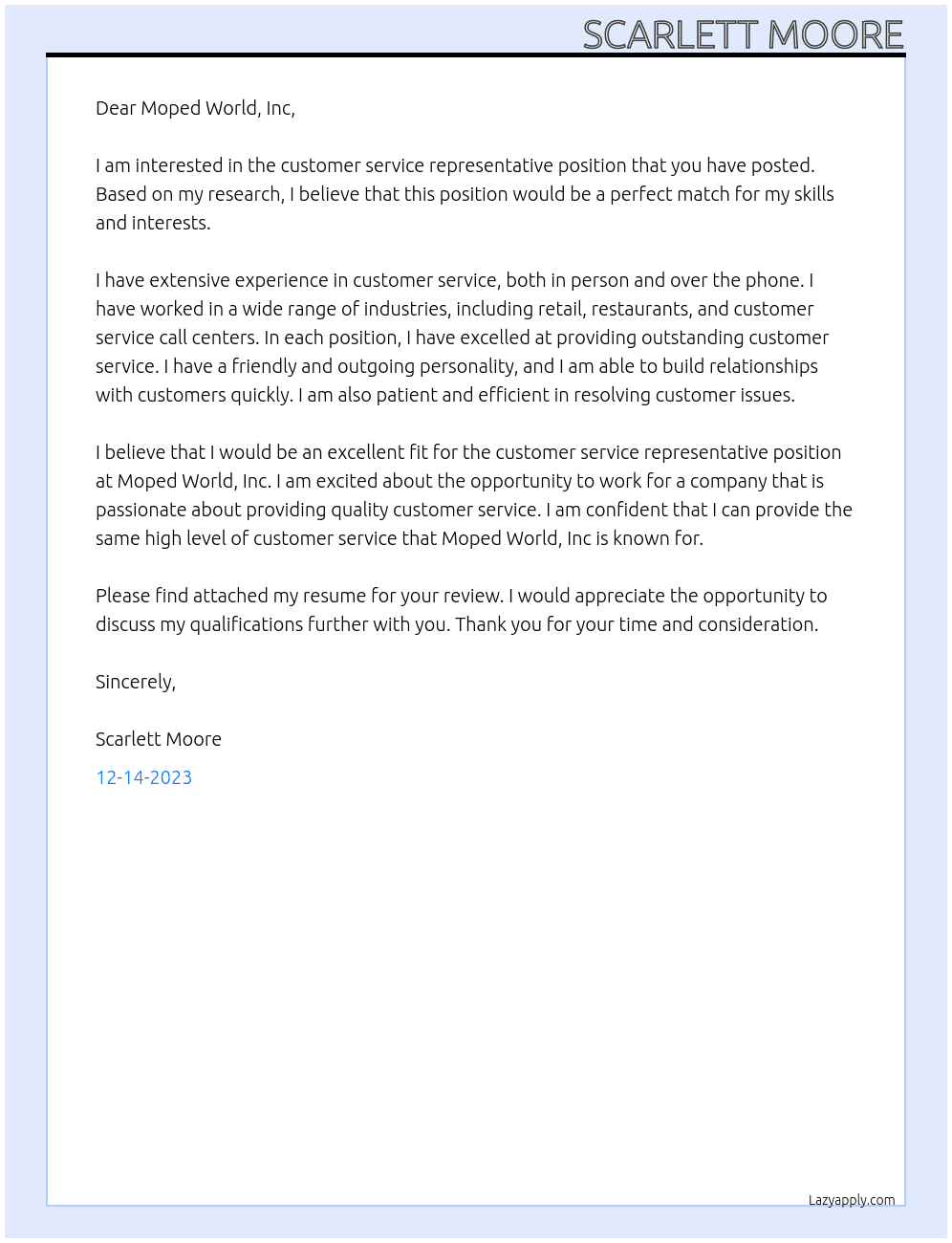 customer service representative At Moped World, Inc Cover Letter