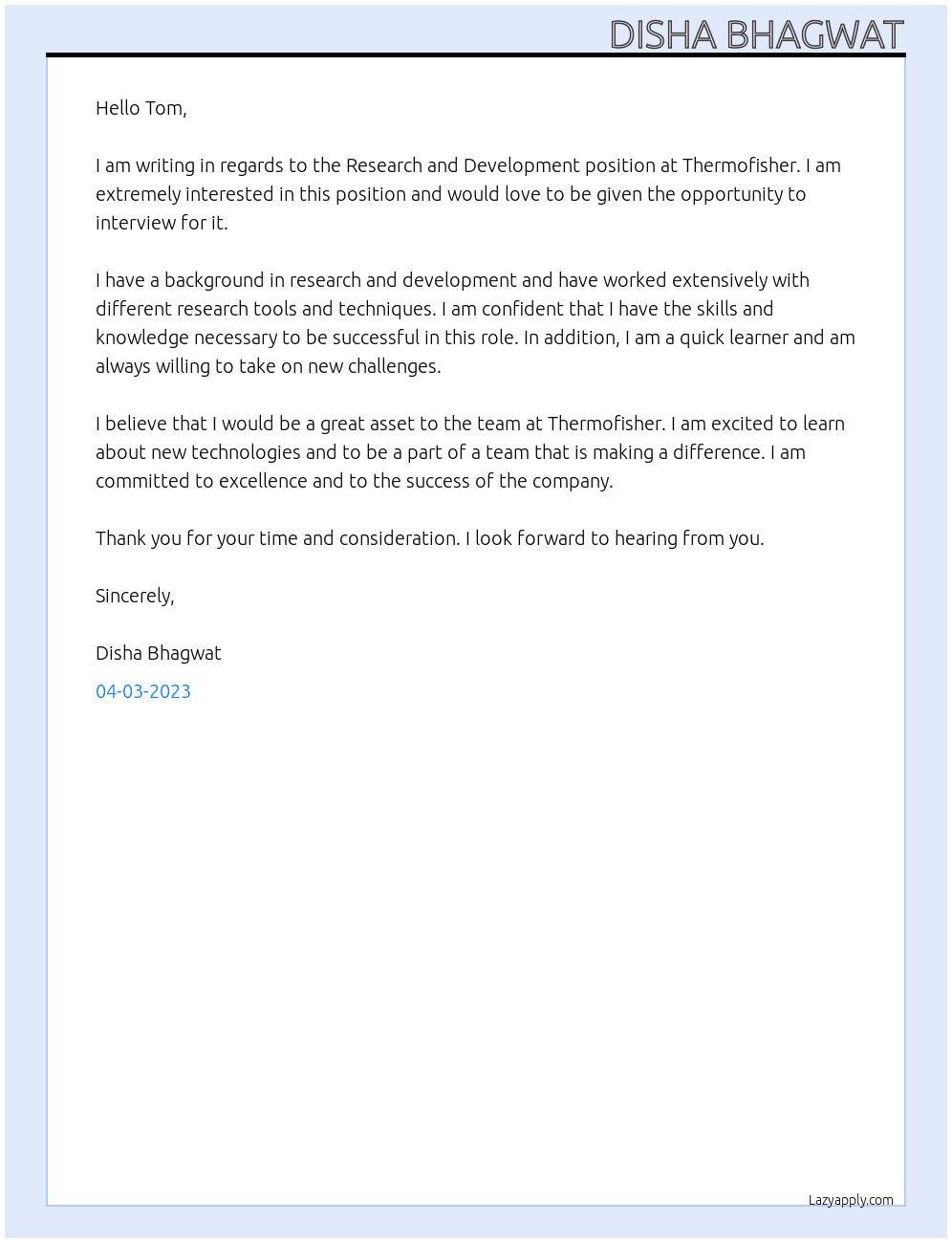 Research and Development At Thermofisher Cover Letter