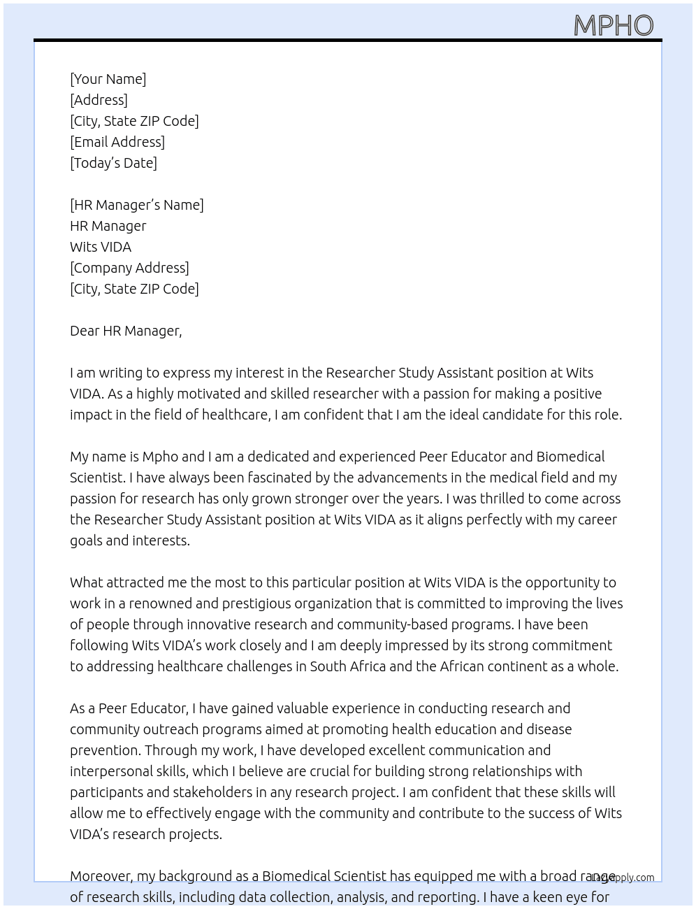 Researcher study assistant  At Wits VIDA Cover Letter