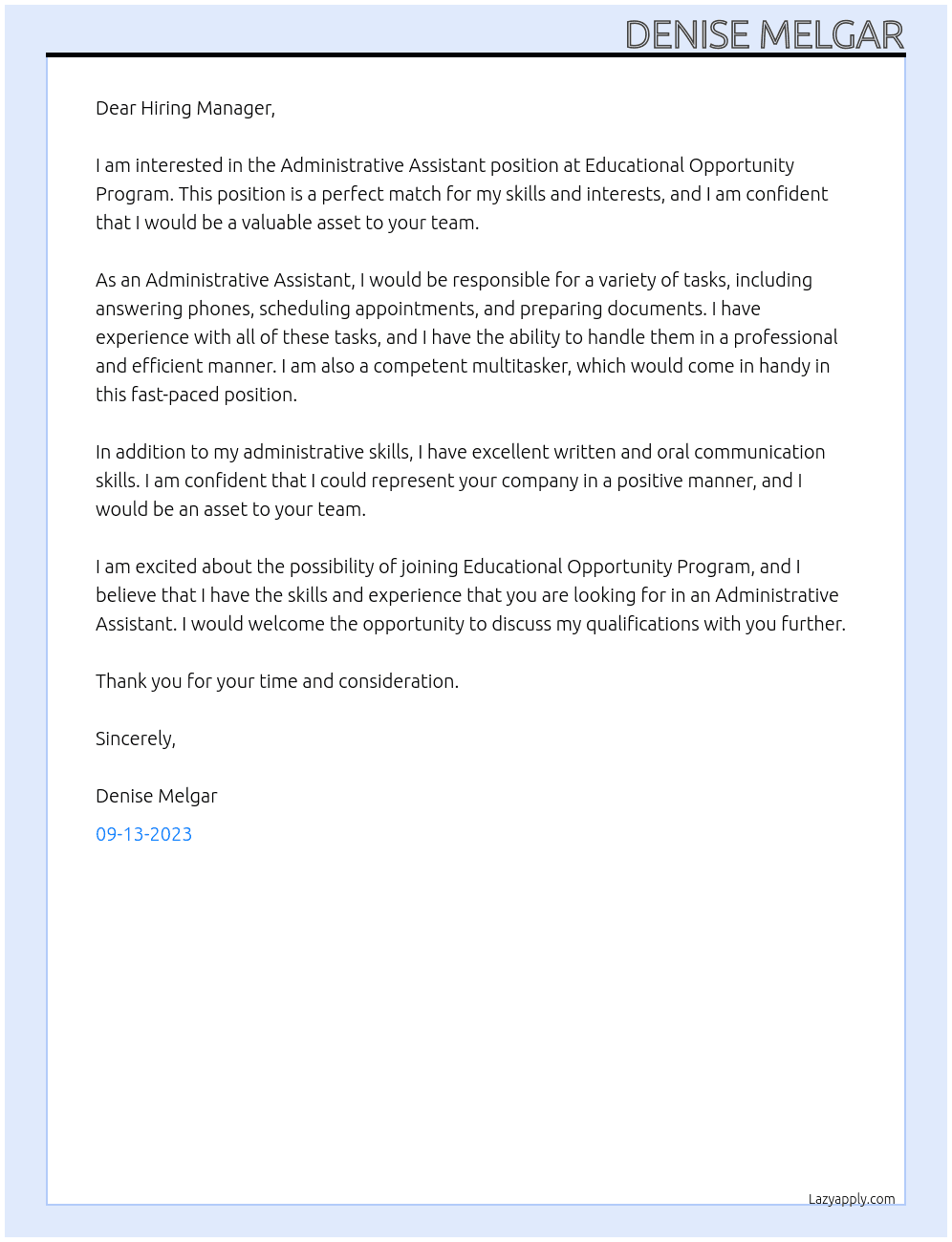 Administrative Assistant  At Educational Opportunity Program  Cover Letter
