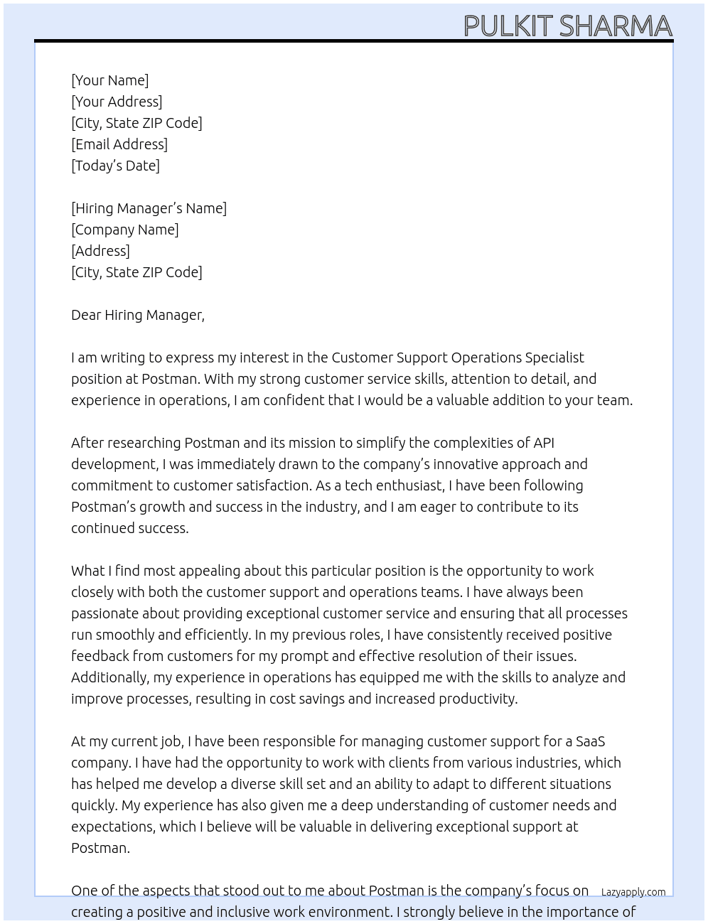 Customer Support Operations Specialist  At Postman Cover Letter