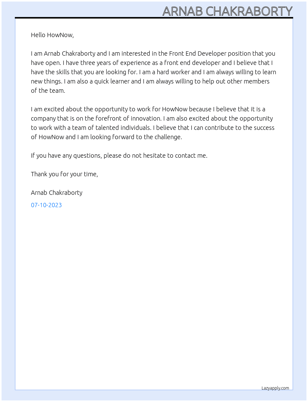 Front End Developer At HowNow Cover Letter