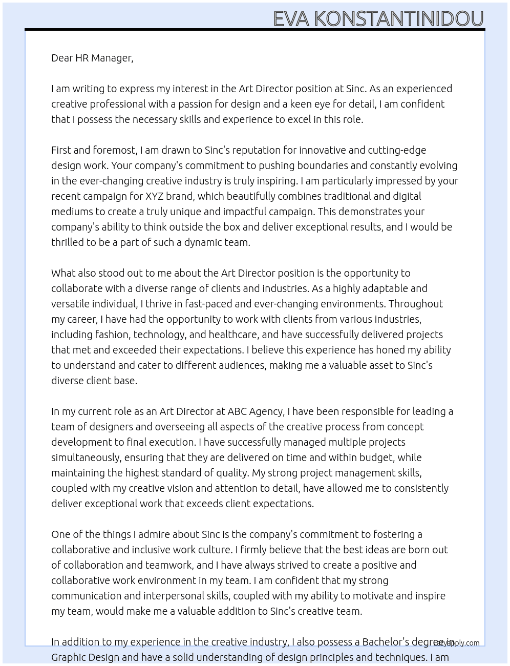 Art Director At Sinc. Cover Letter