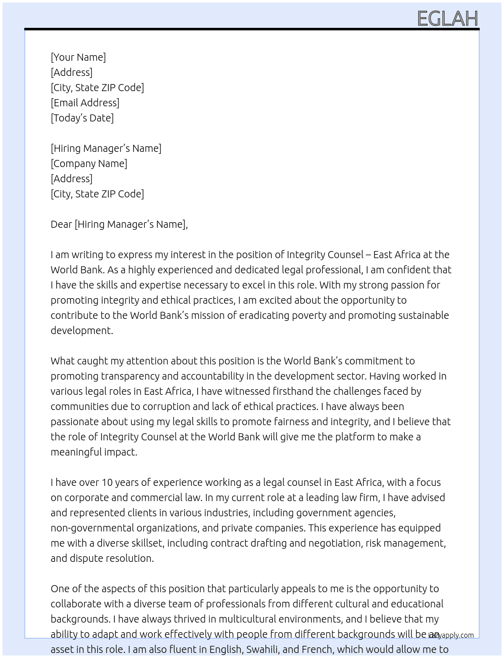Cover letter for integrity counsel – east africa - LazyApply