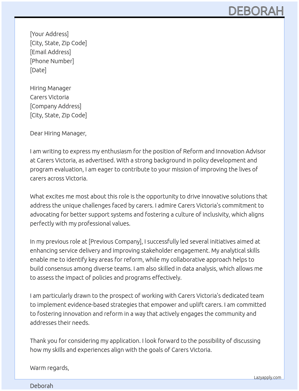 Reform and Innovation Advisor At Carers Victoria Cover Letter