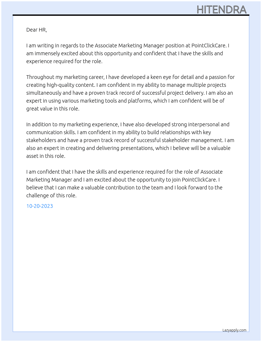 ASSOCIATE MARKETING MANAGER At PointClick Care Cover Letter