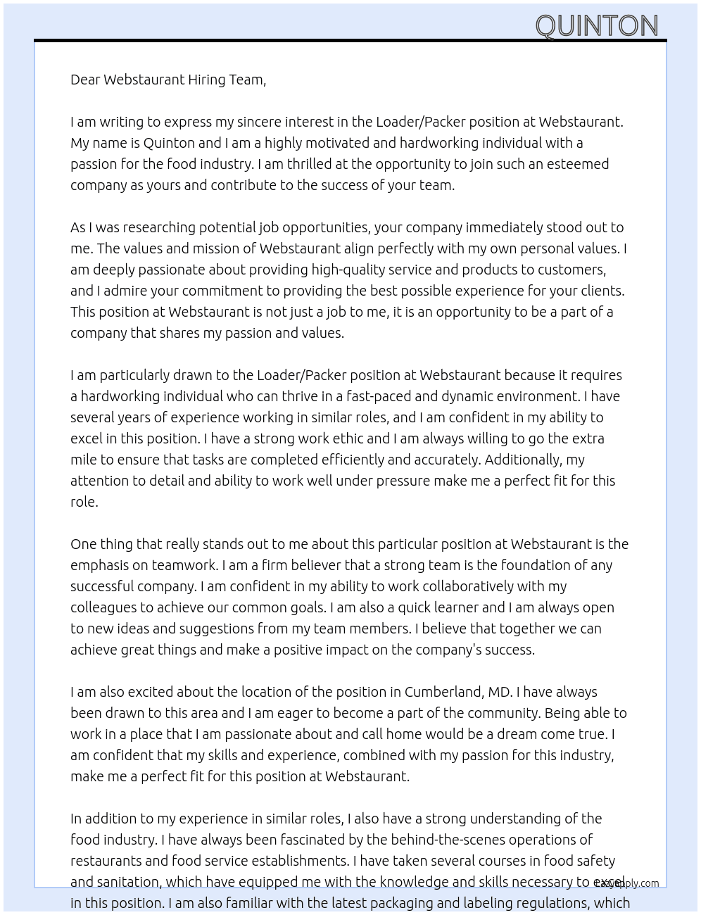 Loader/packer At Webstaurant Cover Letter