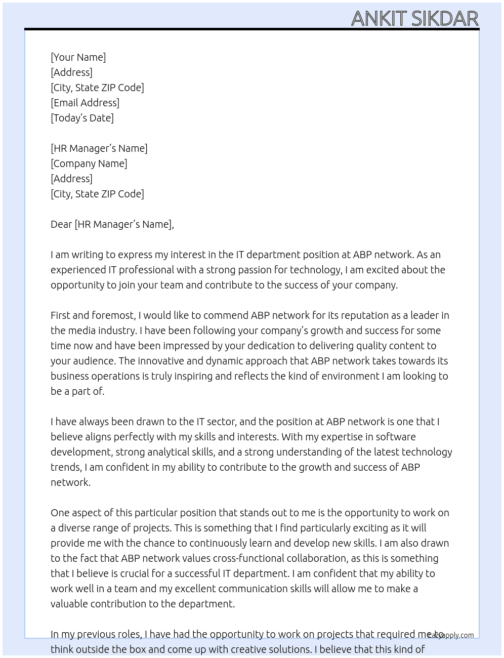 IT dept At ABP network Cover Letter