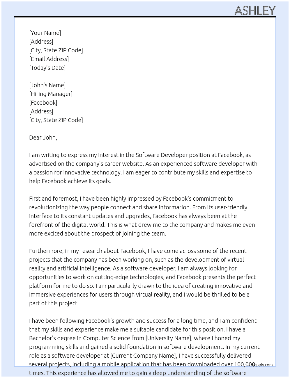 Sofware Developer At Facebook Cover Letter