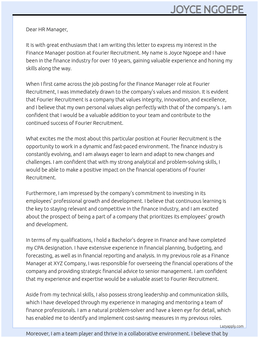 Finance Manager  At Fourier Recruitment  Cover Letter