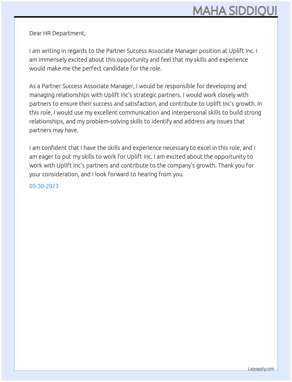 PArtner Success Associate Manager At Uplift Inc Cover Letter