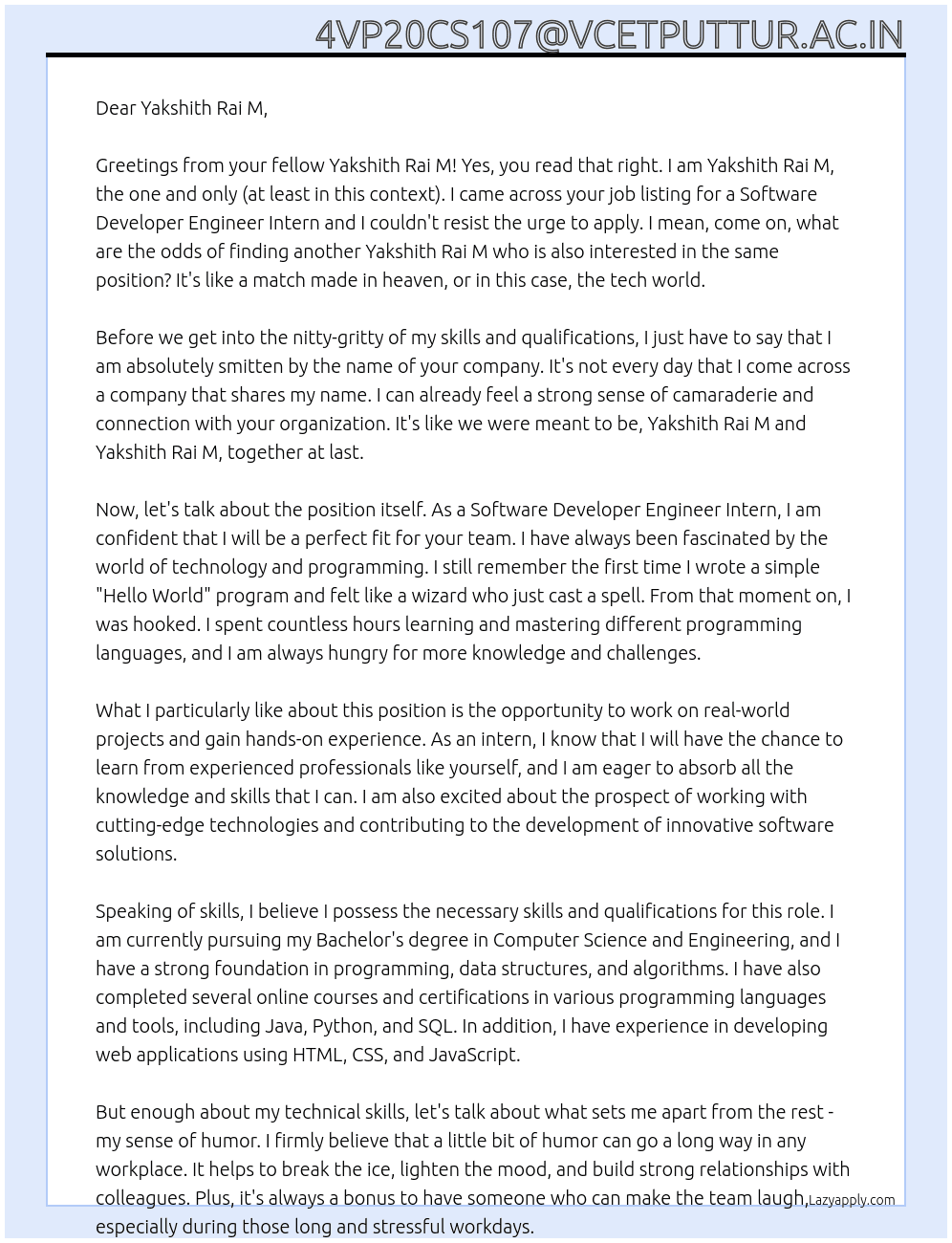 Software Developer Engineer Intern  At Yakshith Rai M Cover Letter