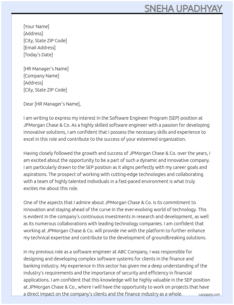Software Engineer Program (SEP) At JPMorgan Chase & Co. Cover Letter