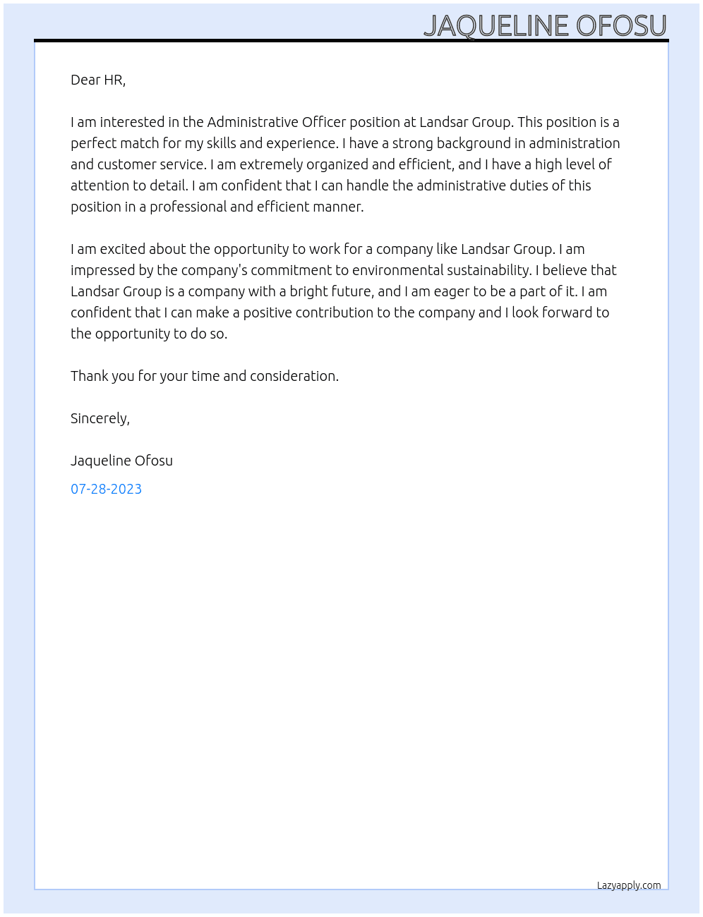 Administrative Officer At Landsar Group Cover Letter