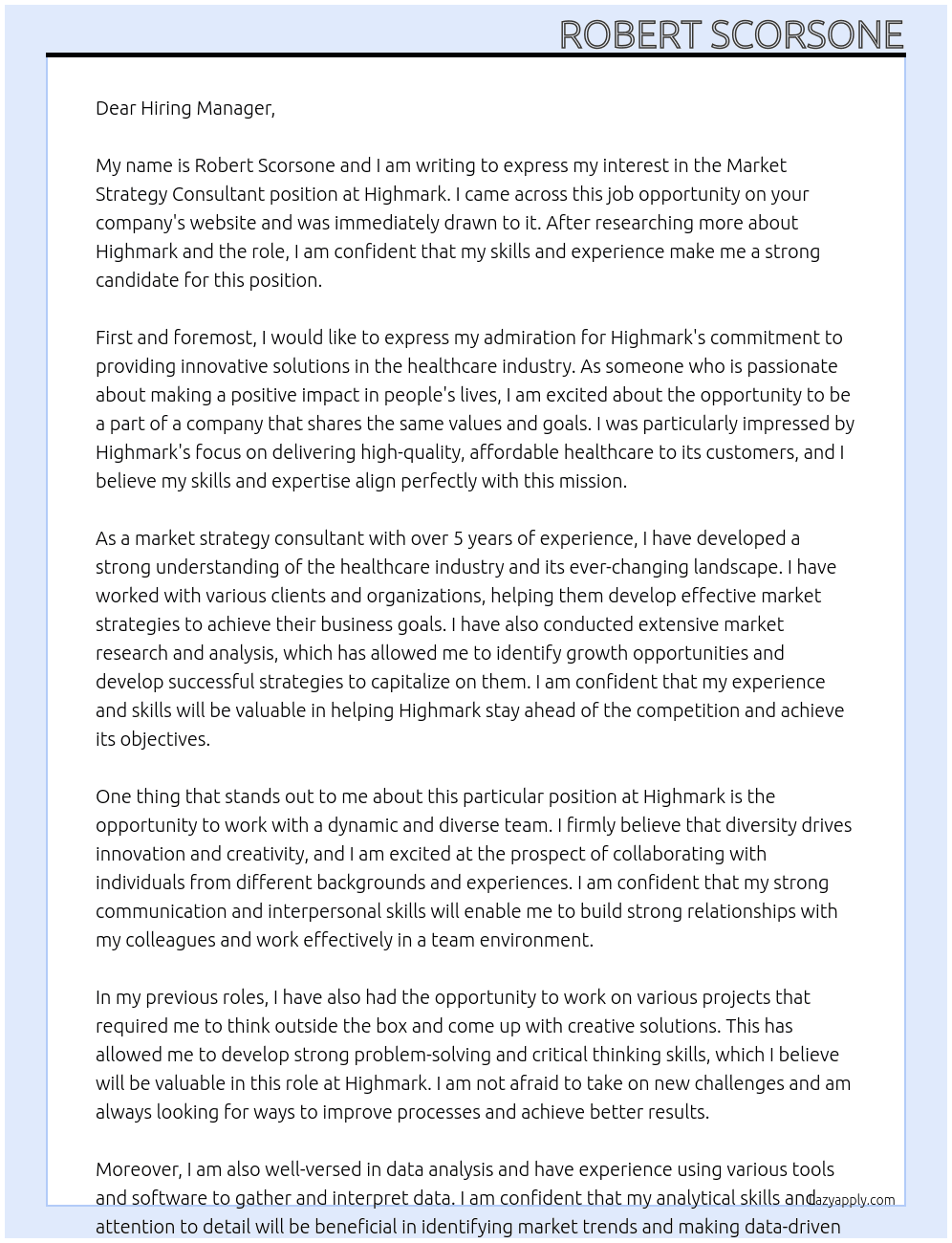 Market Strategy Consultant At Highmark Cover Letter