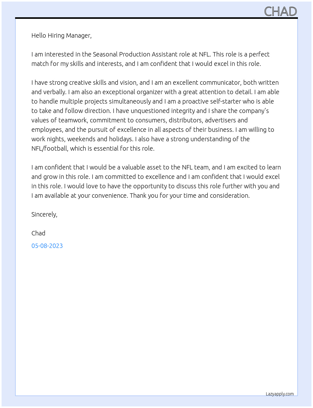 Seasonal Production Assistant  At NFL Cover Letter