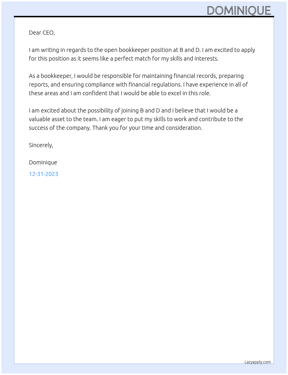 Bookeeper At B and D Cover Letter