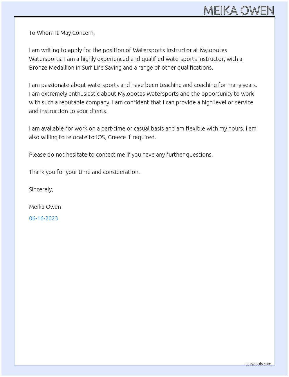 Watersports instructor  At Mylopotas Watersports  Cover Letter