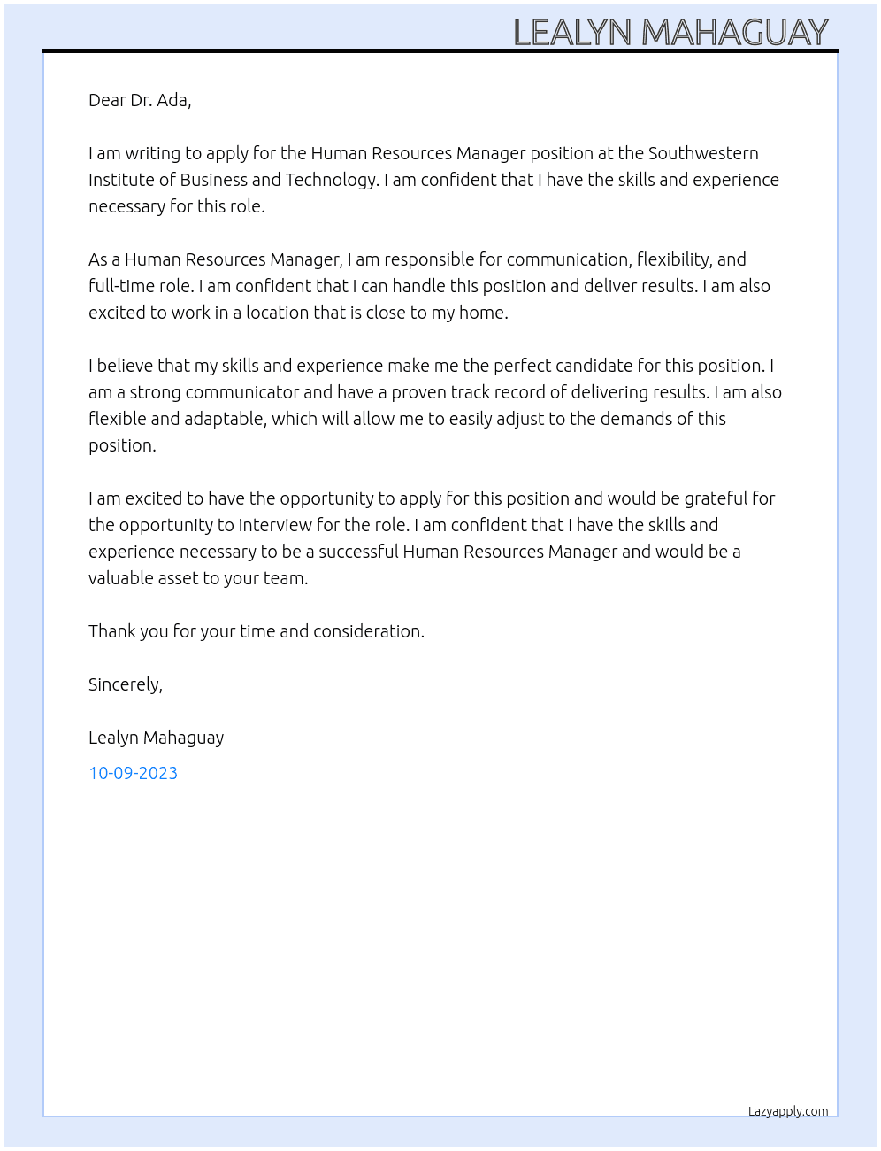Human Resources manager At Human Resources manager  Cover Letter