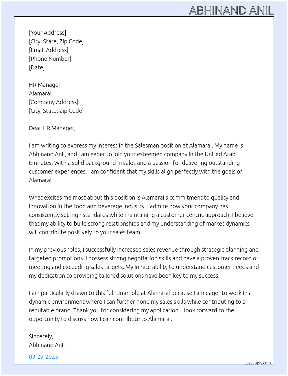 Sales man At Alamarai  Cover Letter