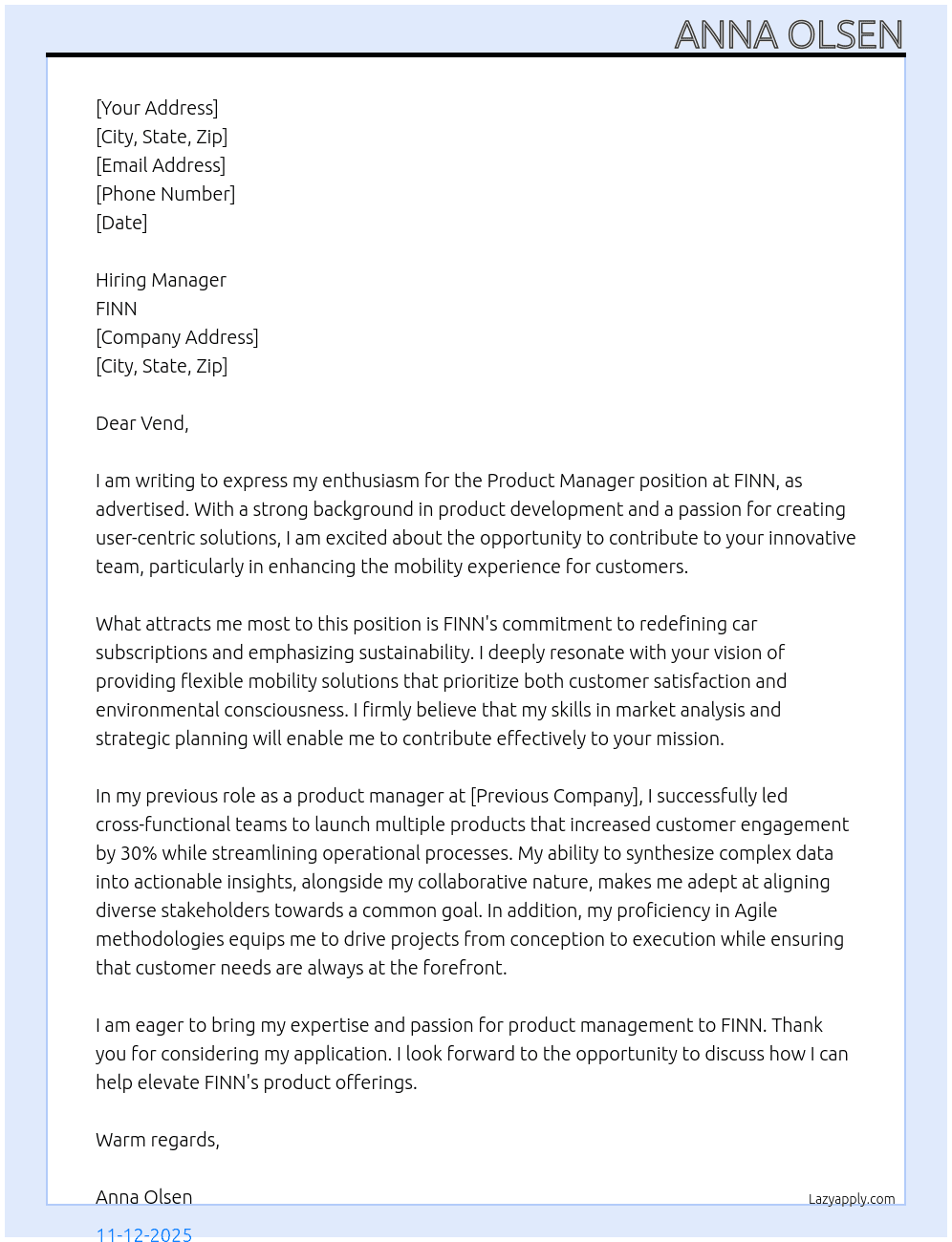 Product Manager At FINN Cover Letter