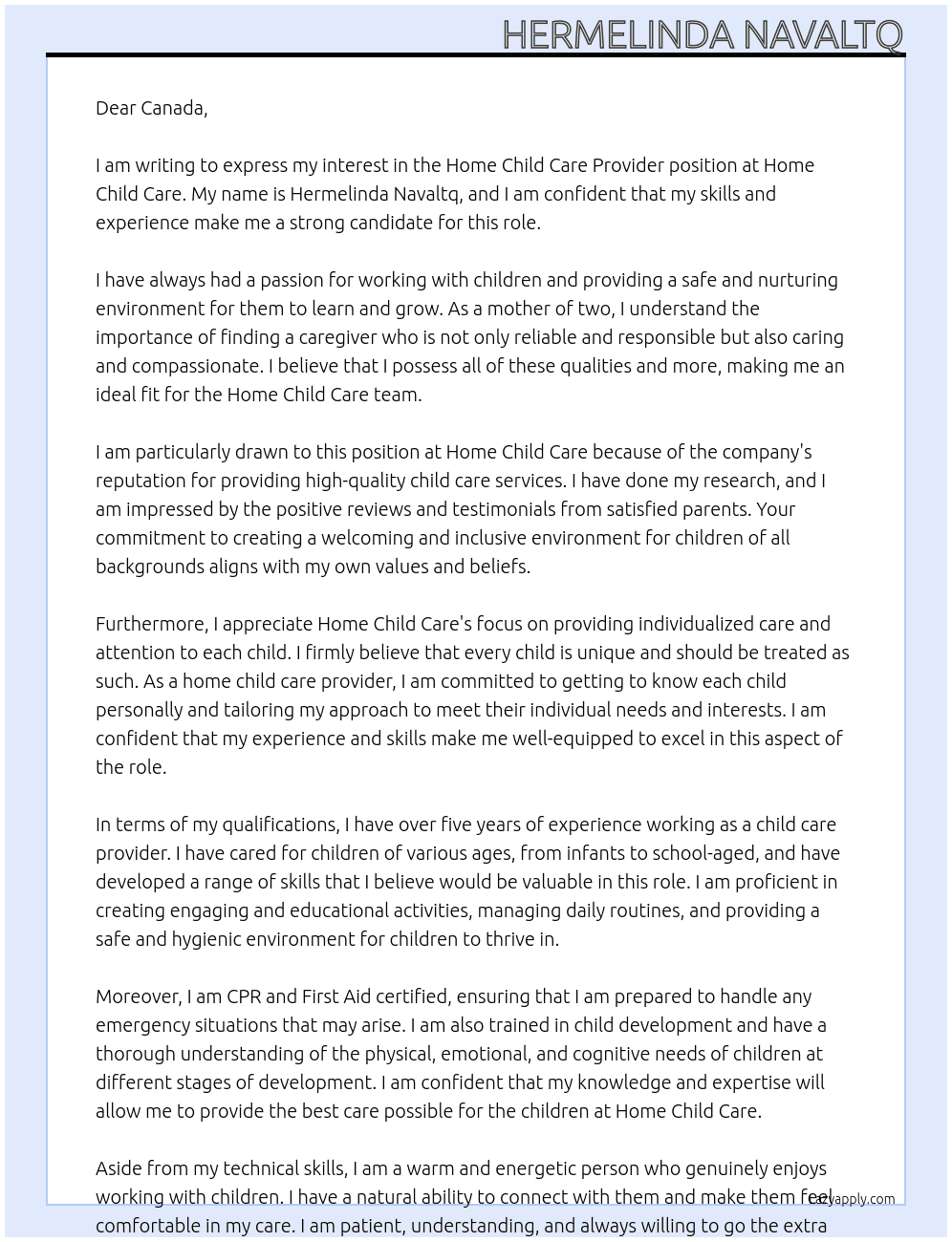 Home child care provider At Home child care  Cover Letter