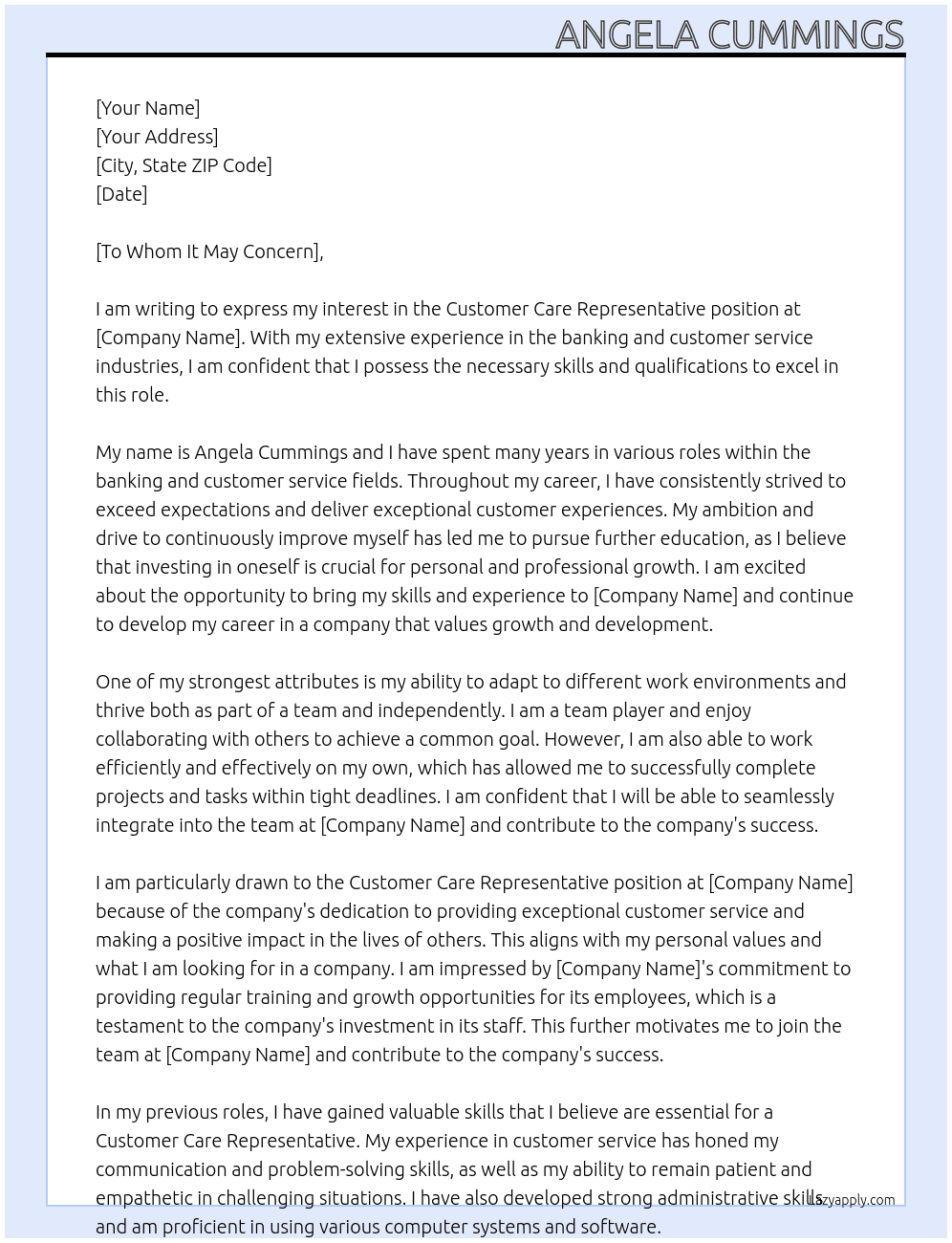 Customer Care Representative At ? Cover Letter