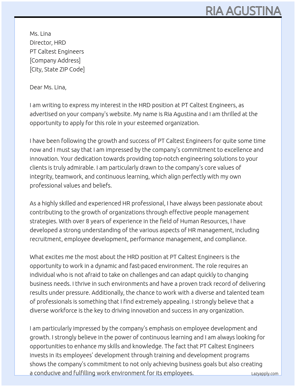 HRD At PT Caltest Engineers Cover Letter