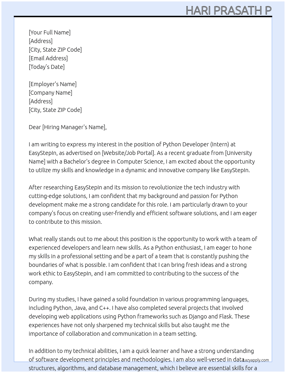 Python Developer (Intern) At EasyStepIn Cover Letter