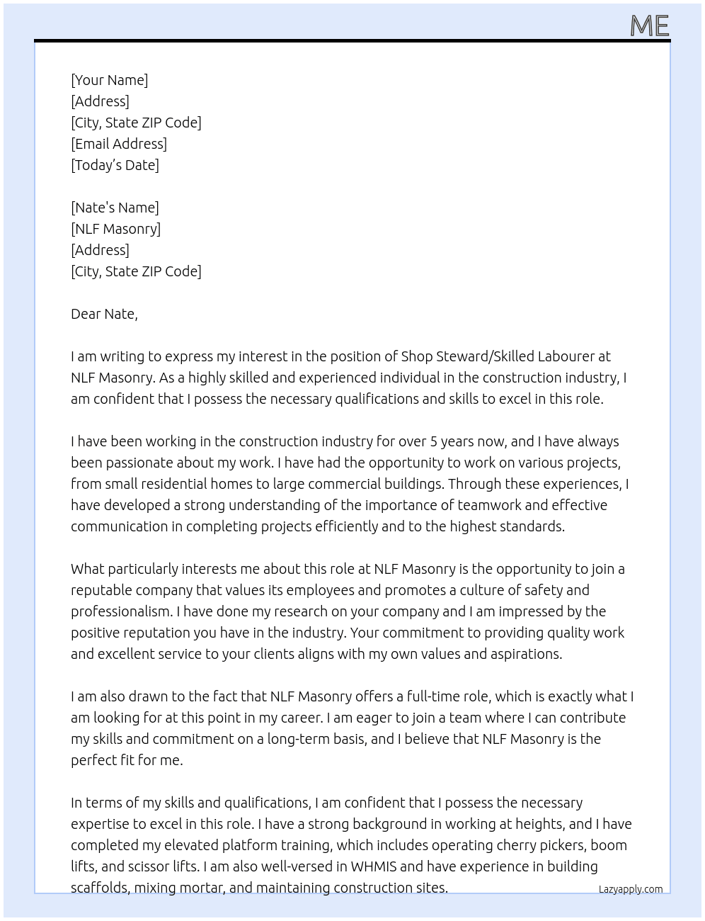 Shop Steward/Skilled Labourer At NLF Masonry Cover Letter