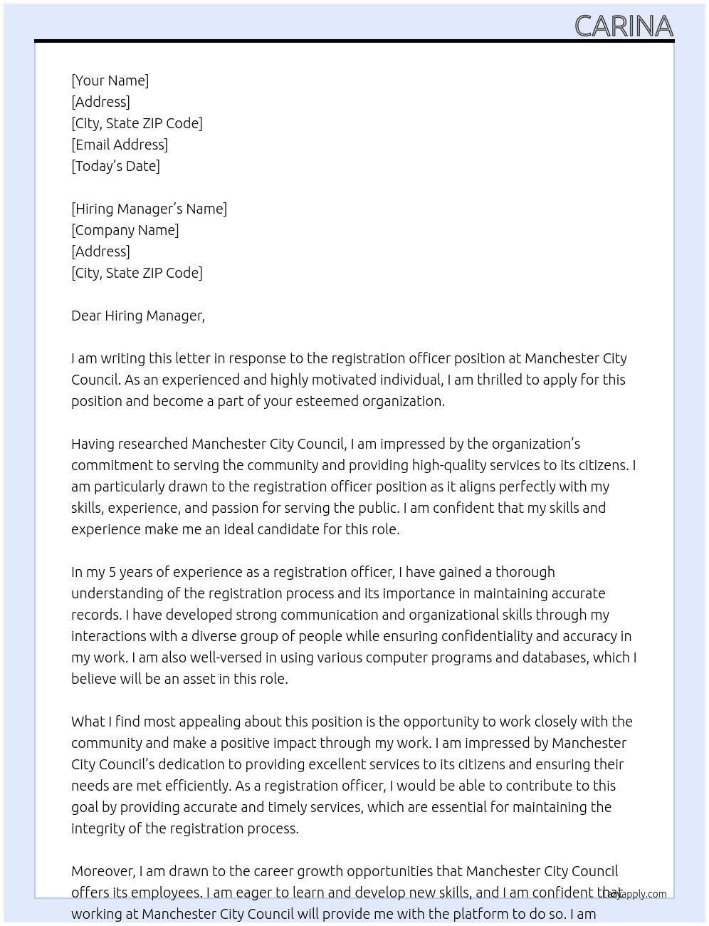 registration officer  At Manchester city council Cover Letter