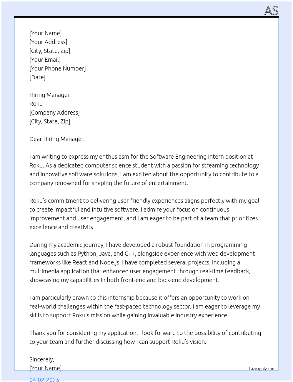 software engineering intern At Roku Cover Letter