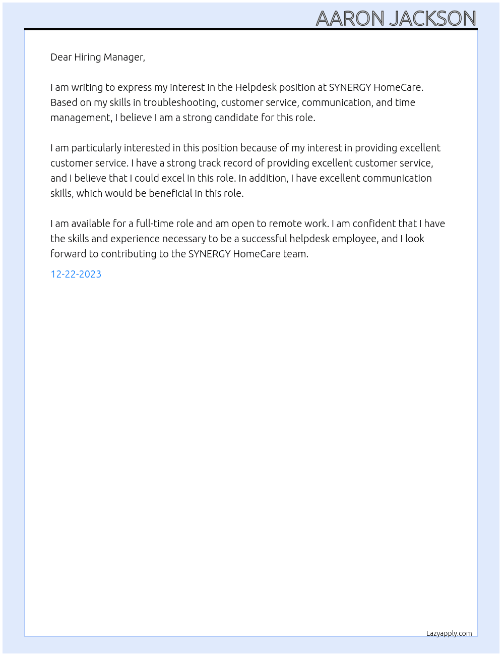 Helpdesk At SYNERGY HomeCare Cover Letter
