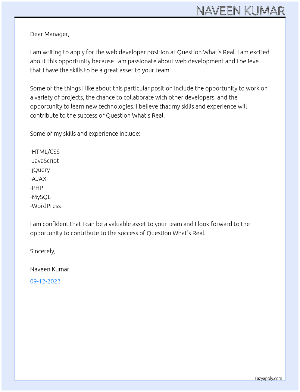 web developer At Question What's Real Cover Letter
