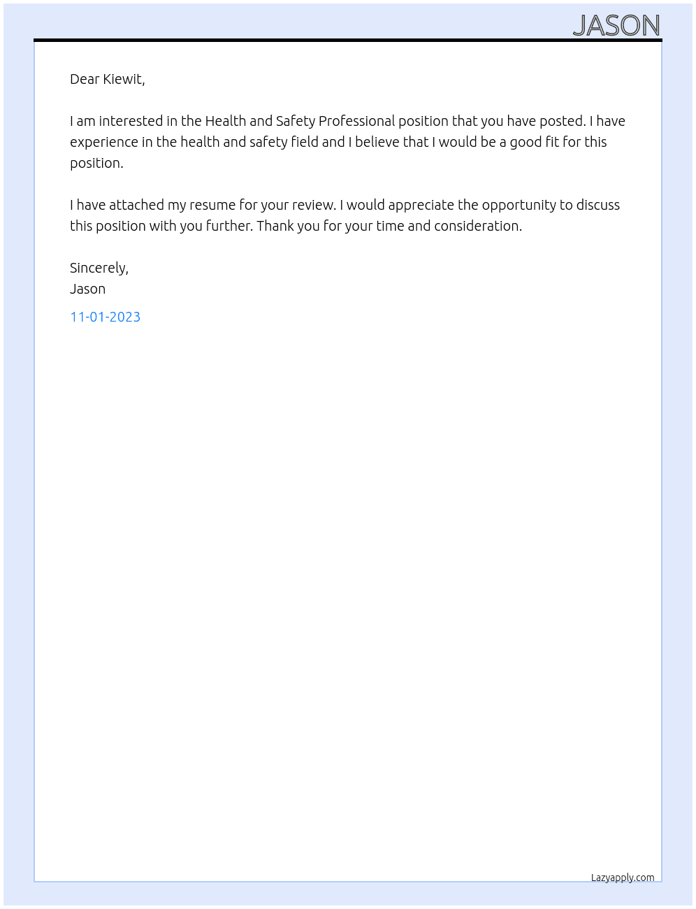 Health and Safety Professional At Kiewit Cover Letter