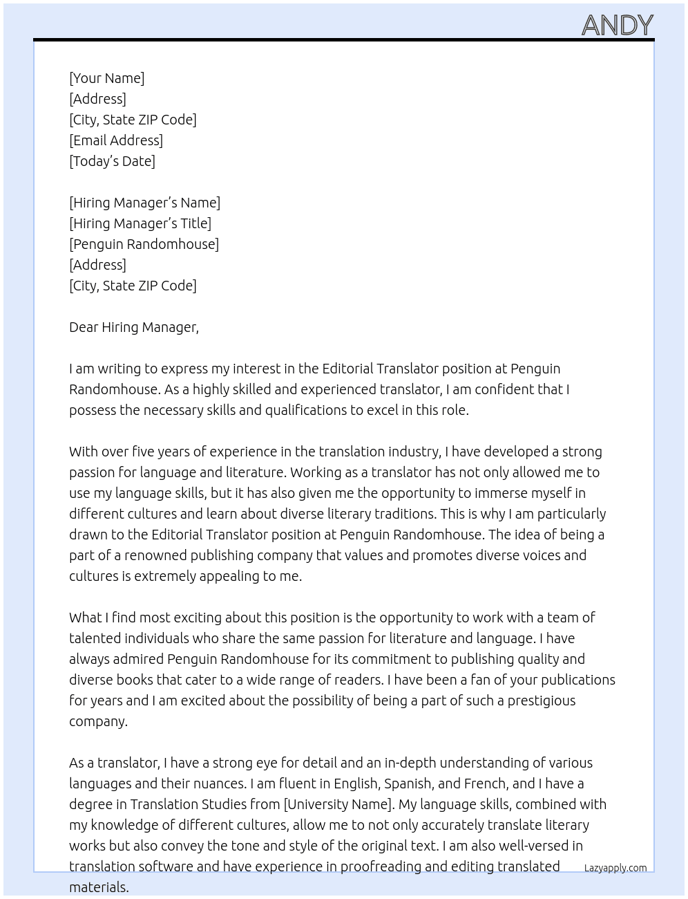 Editorial translator At Penguin Randomhouse Cover Letter