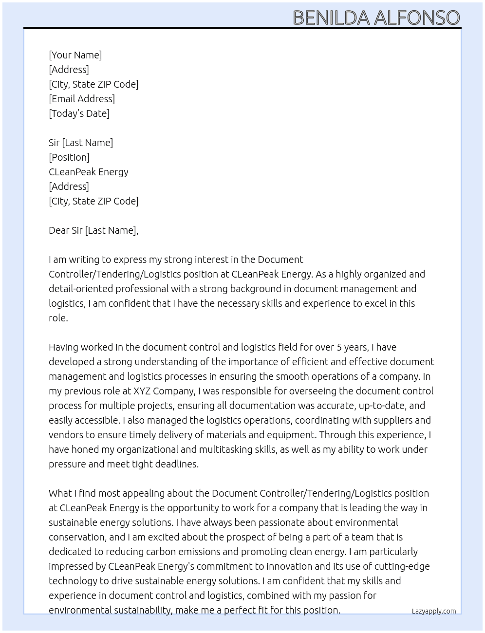 Document Controller/Tendering/Logistics At CLeanPeak Energy Cover Letter
