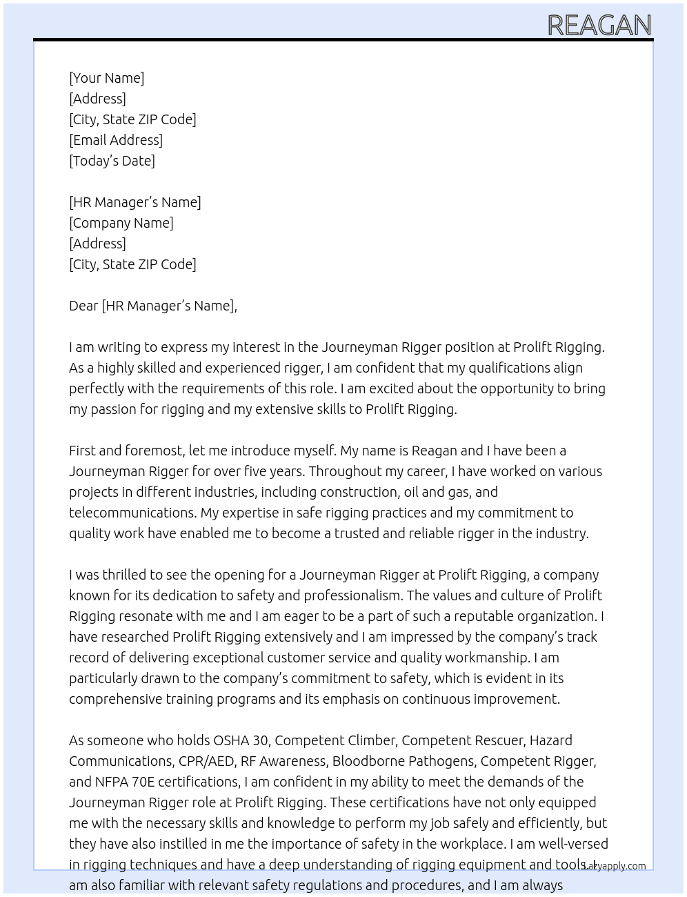 Journeyman Rigger At Prolift Rigging Cover Letter