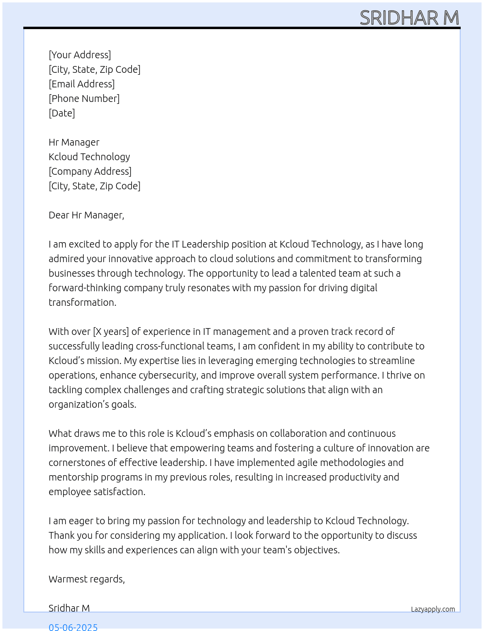 Cover letter for it leadership - LazyApply