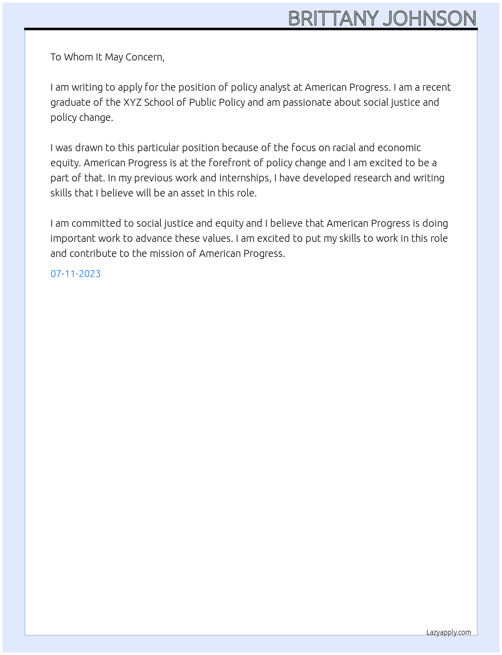 policy analyst At american progress Cover Letter