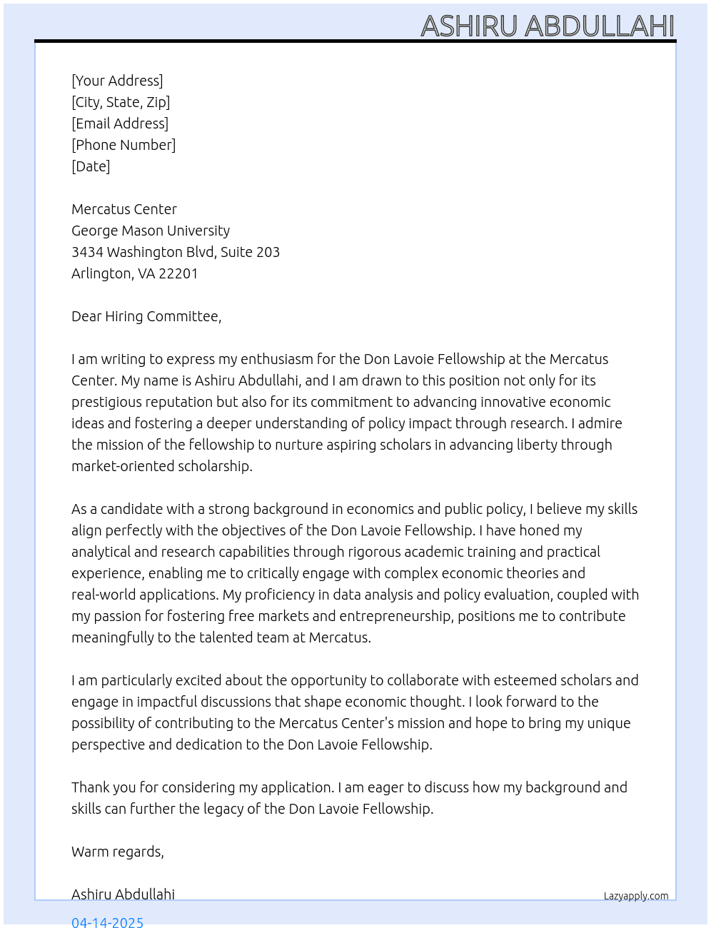 Cover letter for don lavoie fellowship - LazyApply