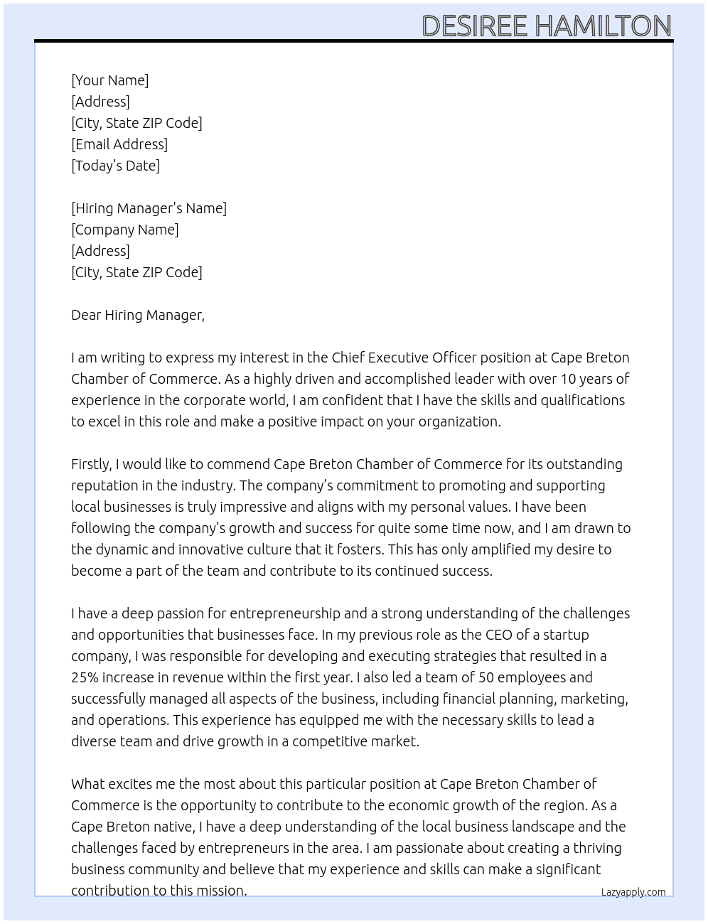 Chief Executive Officer  At Cape Breton Chamber of Commerce Cover Letter