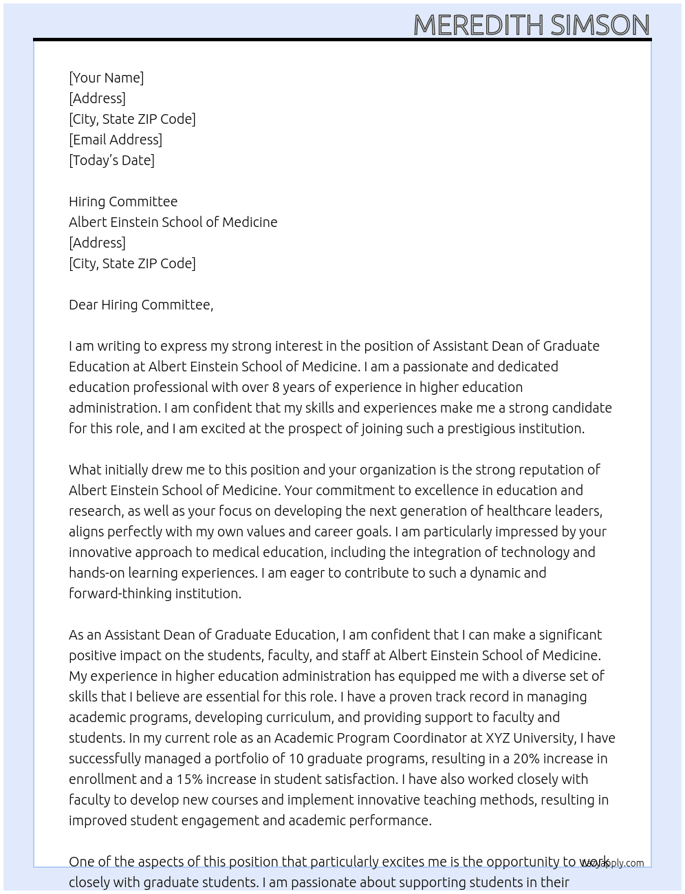 Assistant Dean of Graduate Education At Albert Einstein School of Medicine Cover Letter
