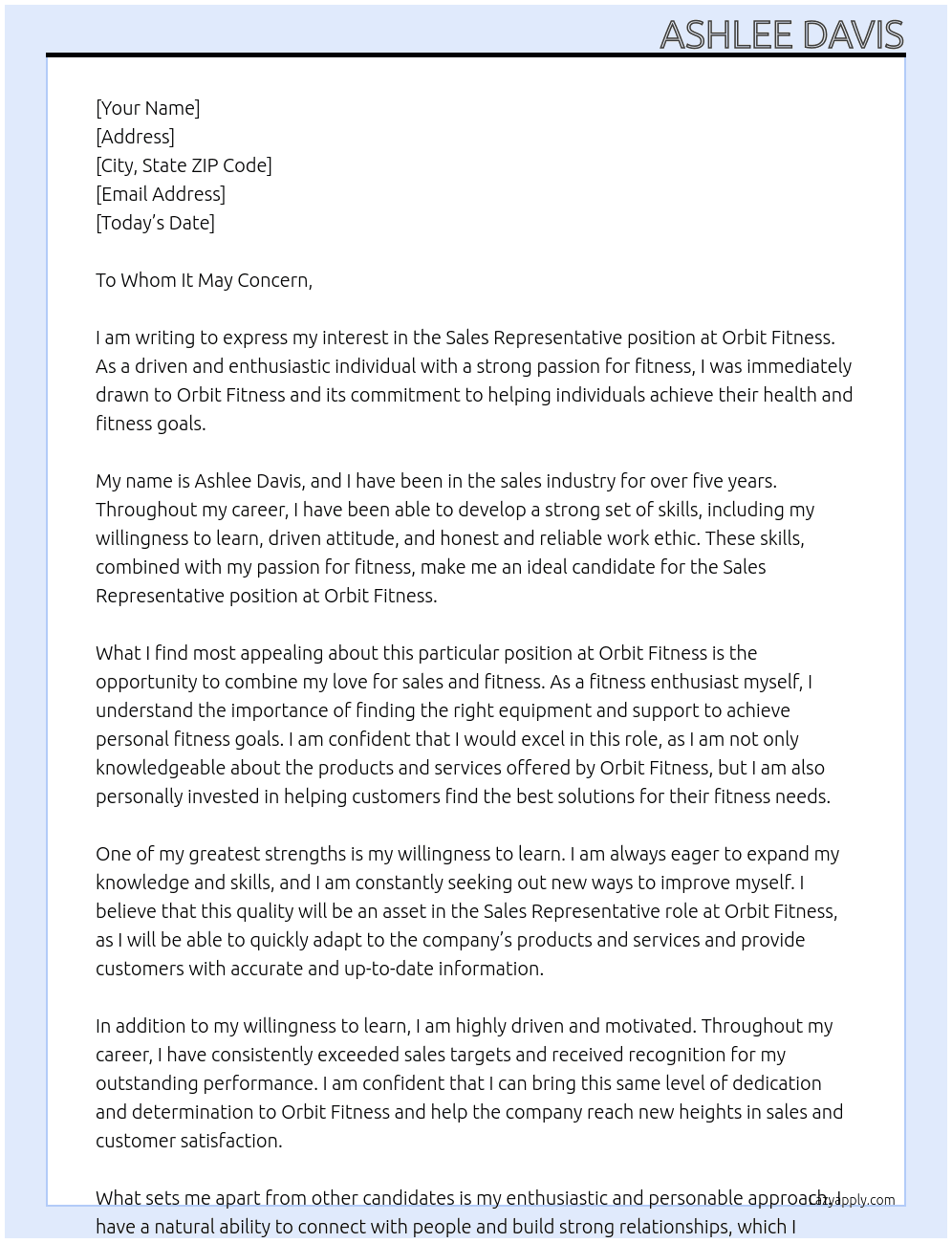 Sales Representative At Orbit Fitness Cover Letter
