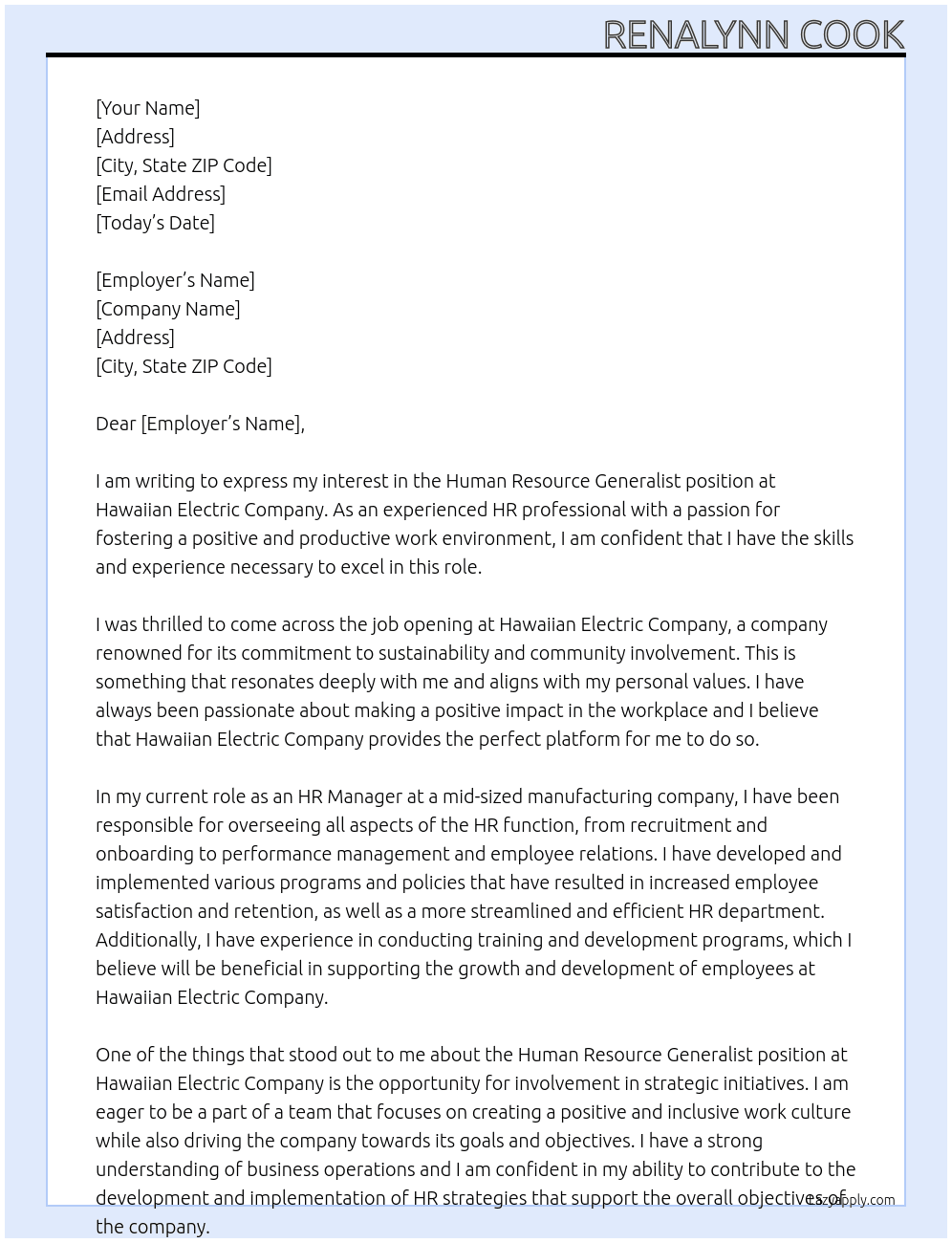 Human Resource  - Generalist At Hawaiian Electric Company Cover Letter