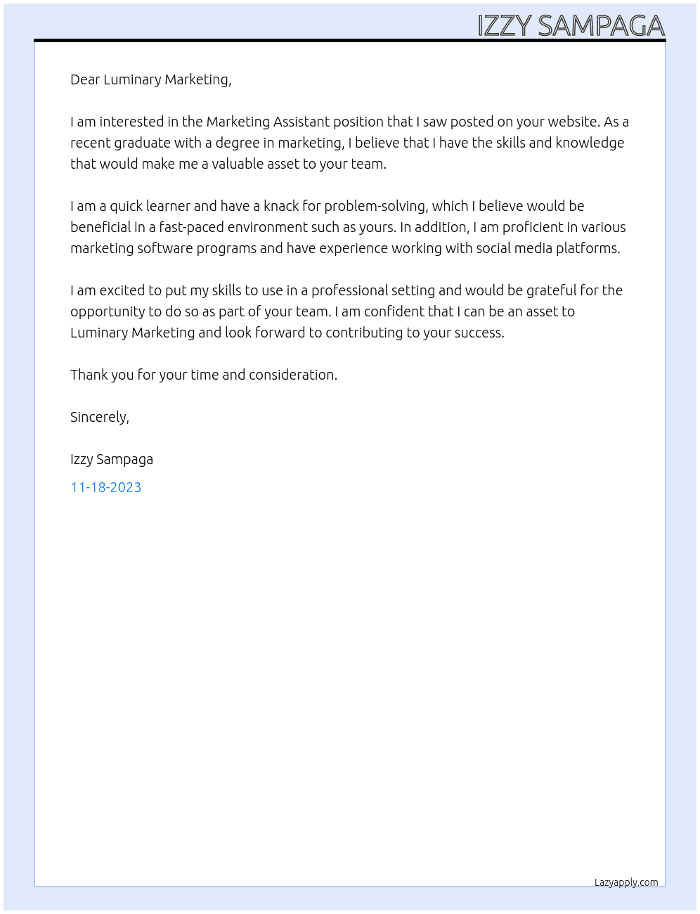 marketing assistant At Luminary Marketing Cover Letter