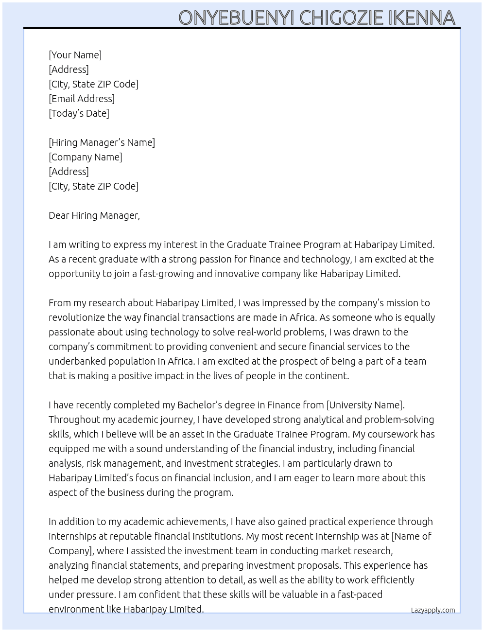 Graduate Trainee Program  At Habaripay Limited  Cover Letter